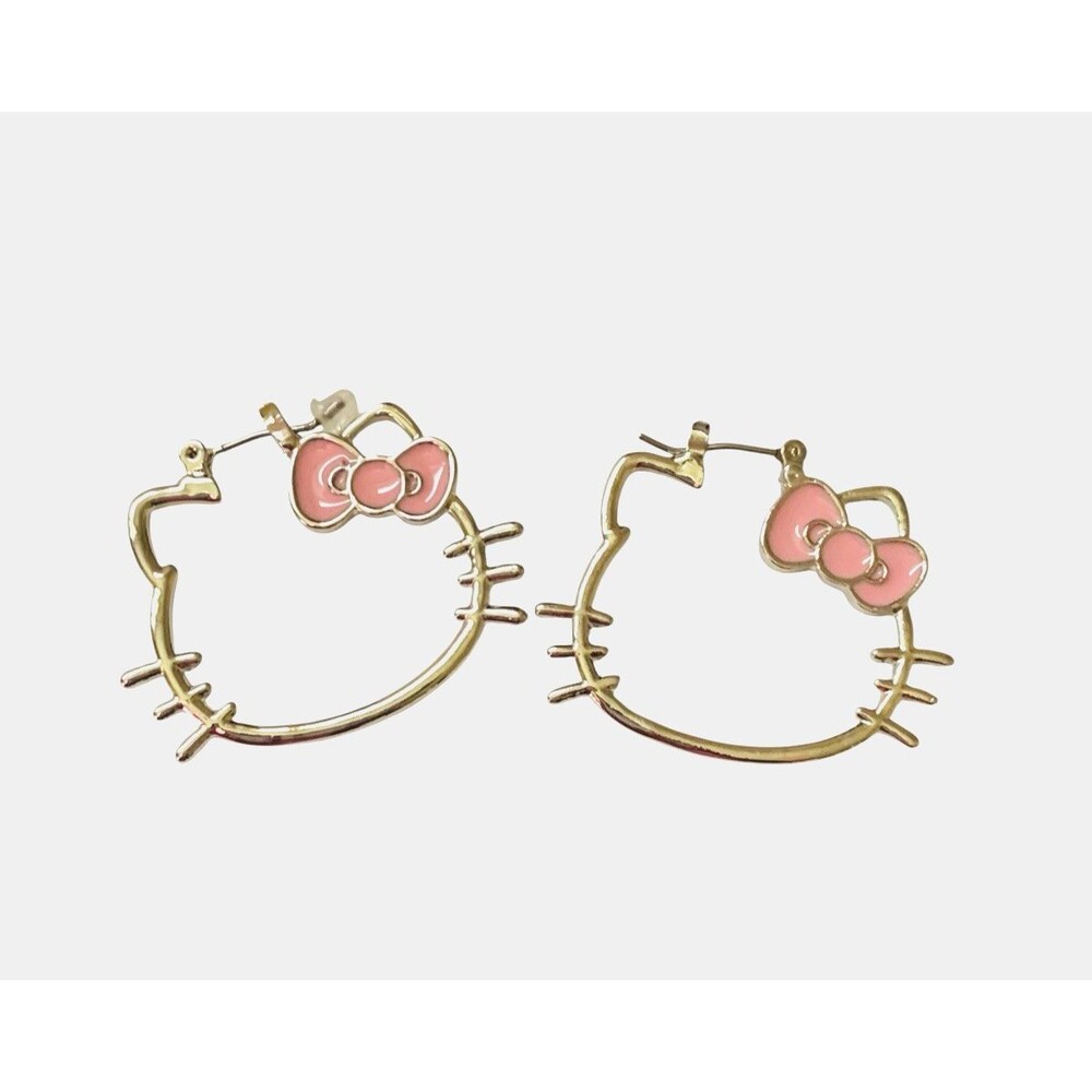 Hello Kitty Hoop Earrings " Sanrio " Pink Enamel Bow Silver Tone